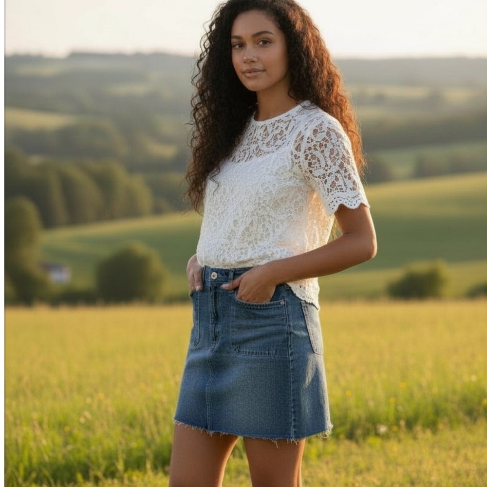Hollister California Ultra High-Rise Skirt Blue Jean Denim Frayed Hem Sz 11 jr.